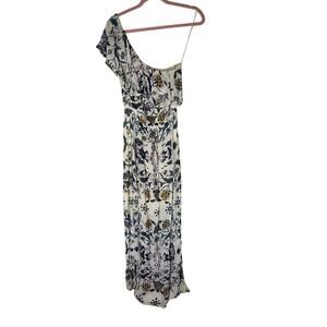 Lucky Brand Ivory Blue Florals One Shoulder Ruffle Flowy Boho Maxi Dress Size S
